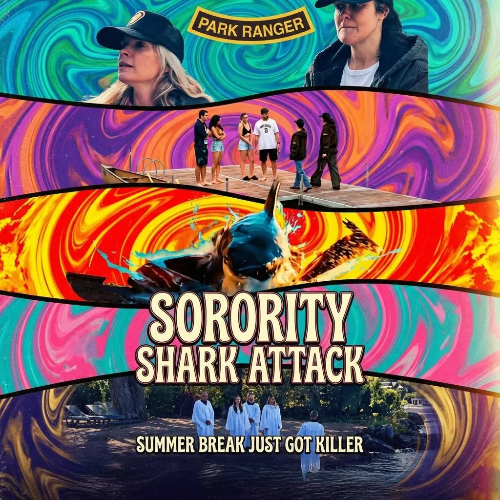 Psychedelic Sorority Shark Attack collage with students and a lake