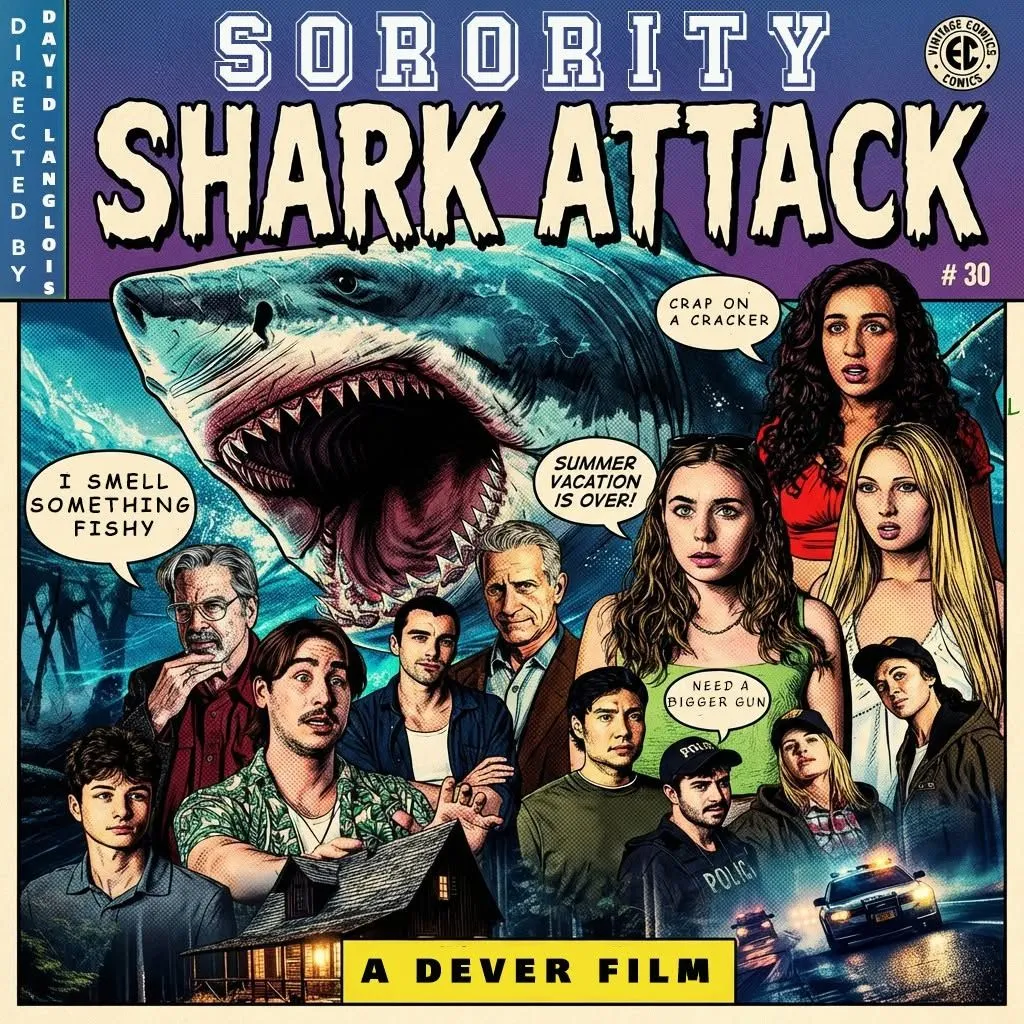 Retro comic-book-style Sorority Shark Attack cover artwork