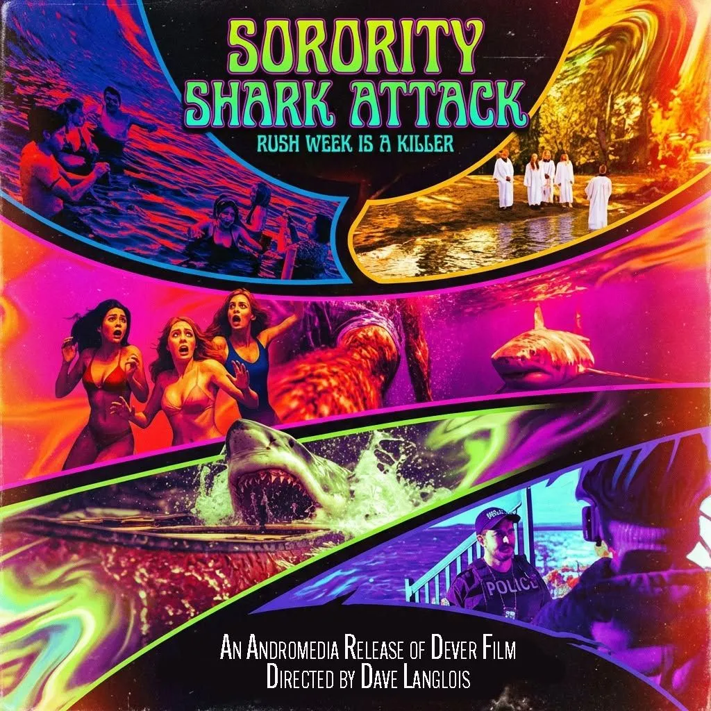 Neon-toned Sorority Shark Attack artwork with students, sharks and a lake