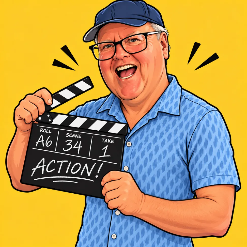 Illustrated portrait of Bill Dever holding a film clapperboard